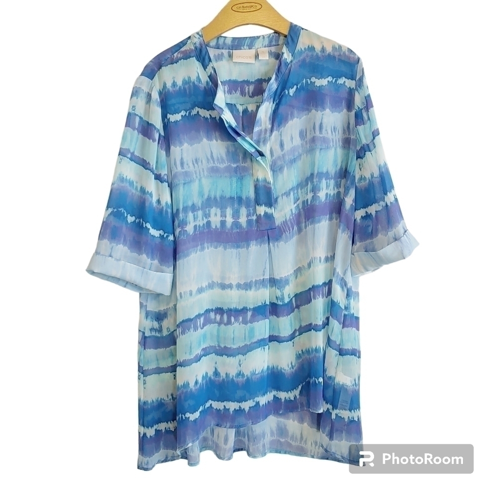 Chico's Tie-Dye Striped Sheer Jillian Blouse Top Sz XL